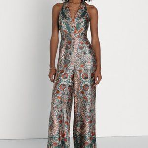 Lulu's Divine wanderings green scarf print wide leg halter jumpsuit